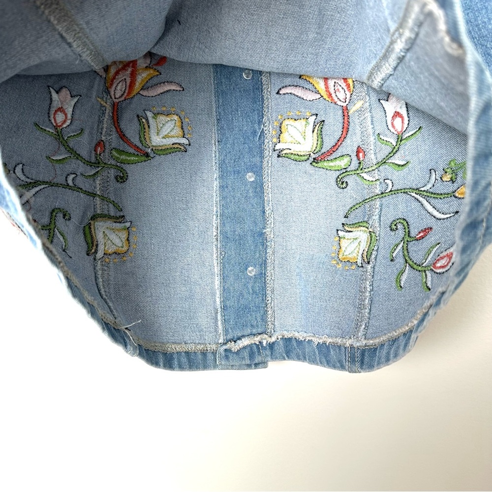 Boho Embroidered Floral Folk Art Western Cottagecore Button Up Denim Mini Skirt - Picture 9 of 9